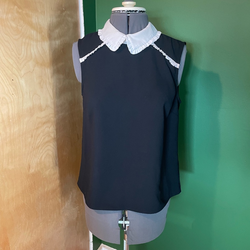 CeCe Ruffled Collar No Sleeves Blouse- Keyhole Button Back